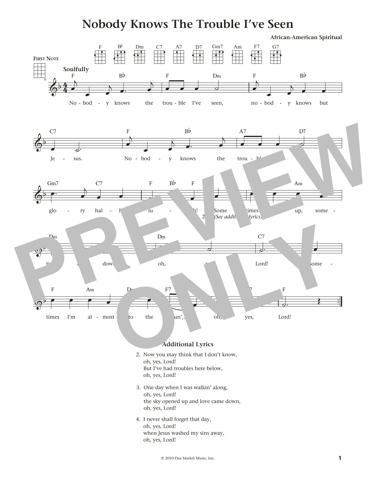 Learn to play African-American Spiritual Nobody Knows The Trouble I've Seen (from The Daily Ukulele) (arr. Liz and Jim Beloff) sheet music for Ukulele in minutes. Price: 5.9900$ African-American Spiritual Nobody Knows The Trouble I've Seen (from The Daily Ukulele) (arr. Liz and Jim Beloff) sheet music notes and chords arranged for Ukulele