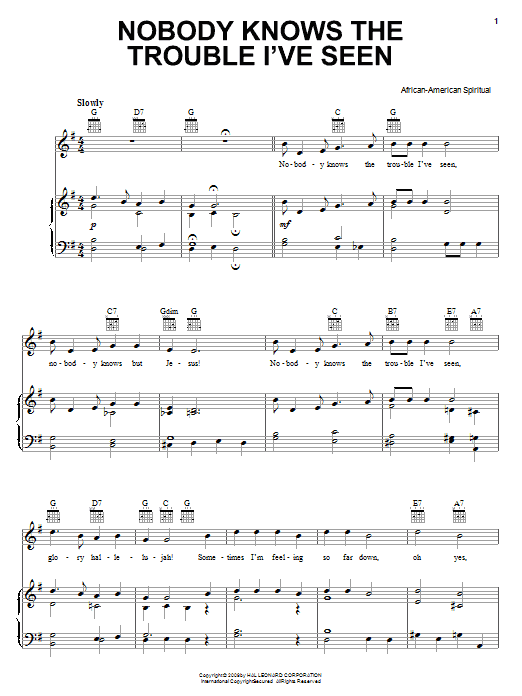 African-American Spiritual Nobody Knows The Trouble I've Seen sheet music notes and chords. Download Printable PDF.