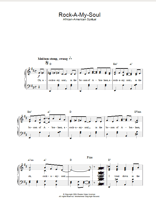 African-American Spiritual Rock-A-My-Soul sheet music notes and chords. Download Printable PDF.