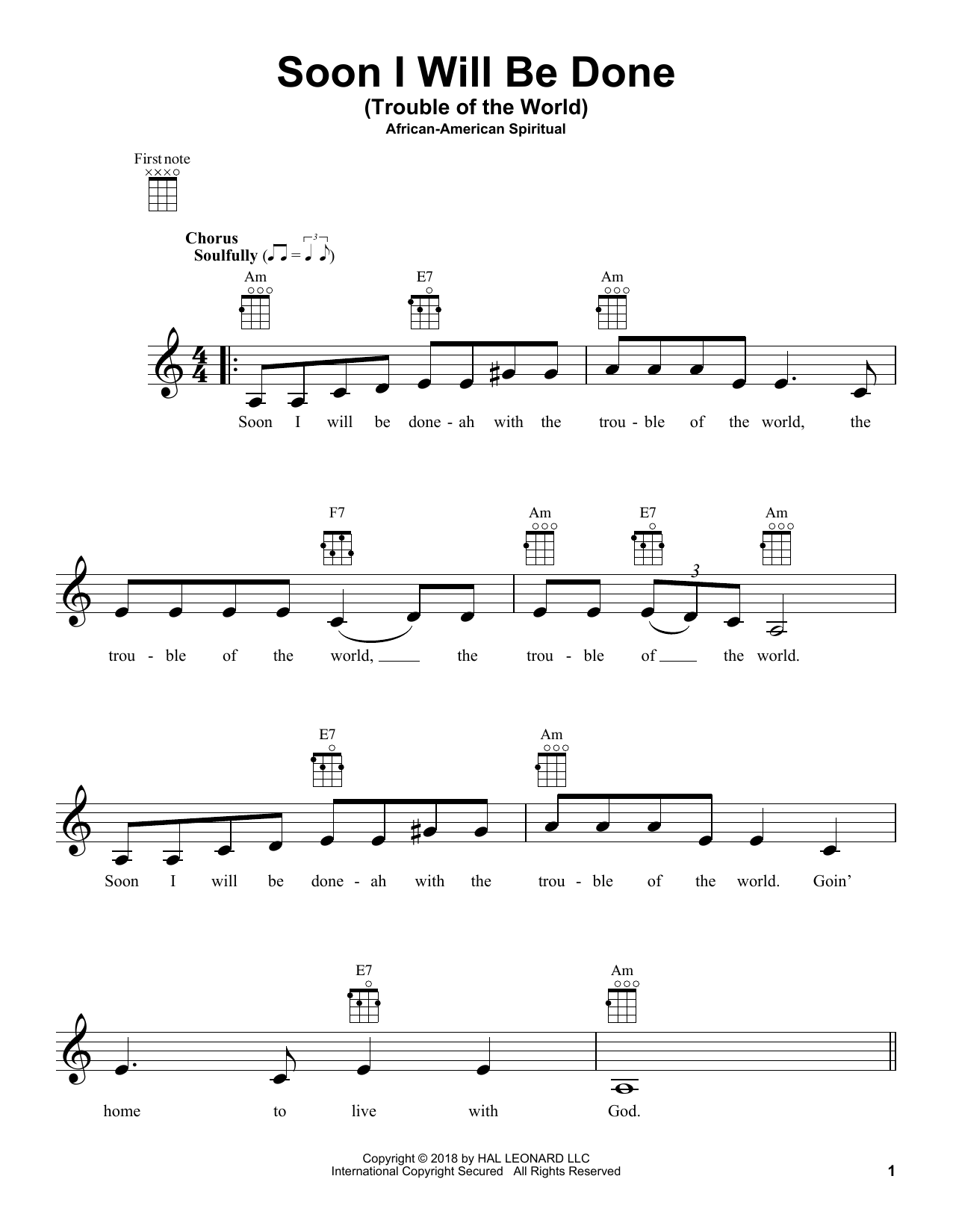 African-American Spiritual Soon I Will Be Done (Trouble Of The World) sheet music notes and chords. Download Printable PDF.