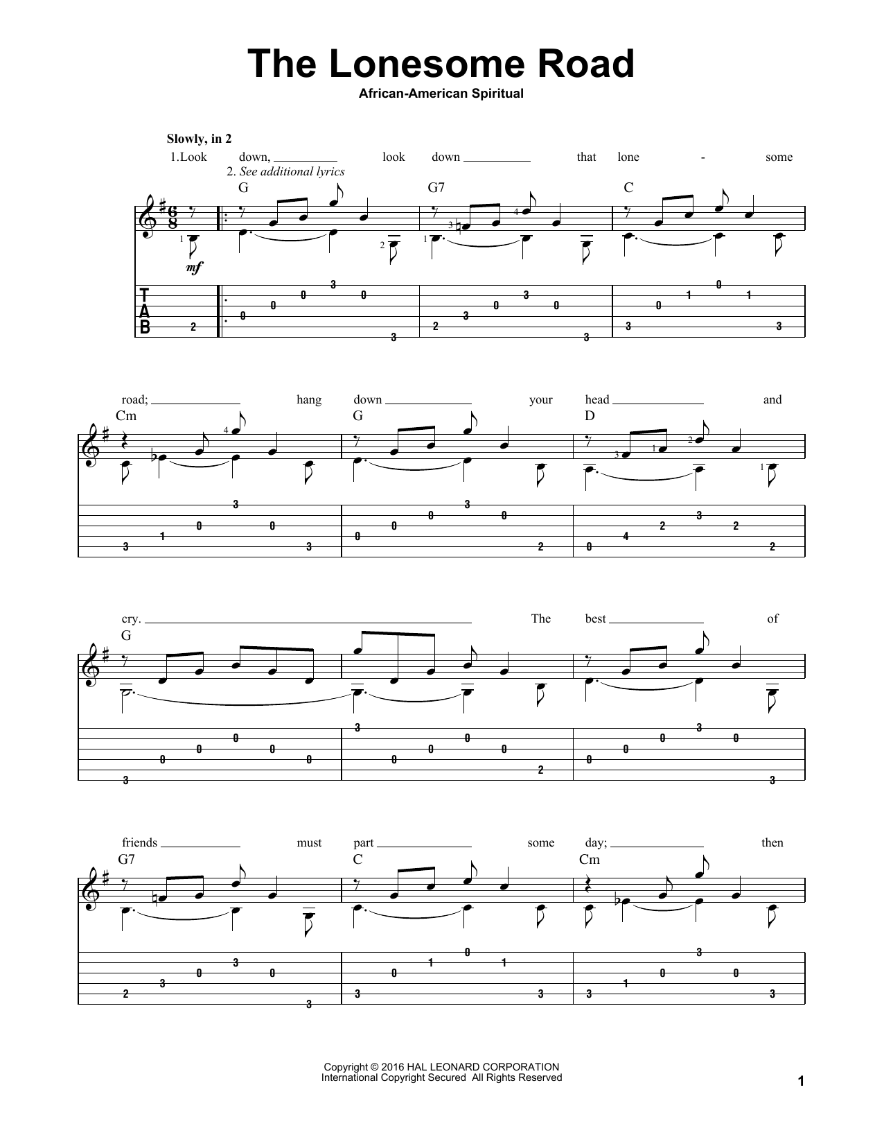 African-American Spiritual The Lonesome Road sheet music notes and chords. Download Printable PDF.