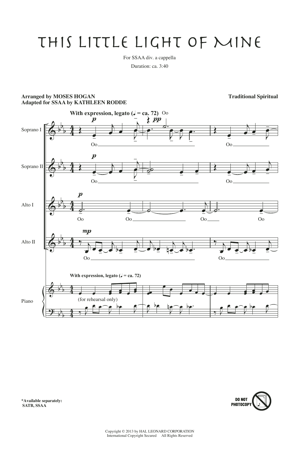 African-American Spiritual This Little Light Of Mine (arr. Moses Hogan) sheet music notes and chords. Download Printable PDF.