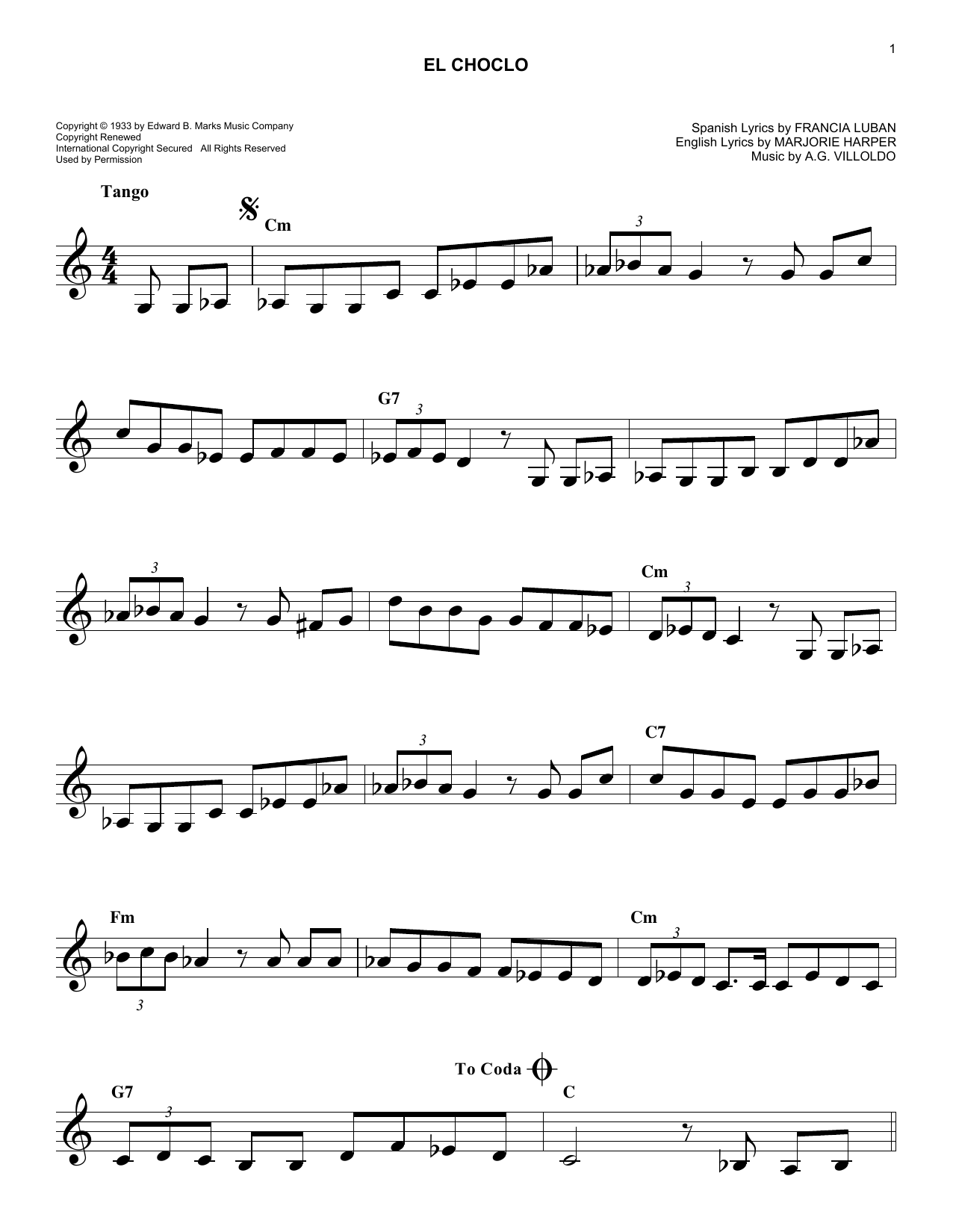 A.G. Villoldo El Choclo sheet music notes and chords arranged for Easy Lead Sheet / Fake Book