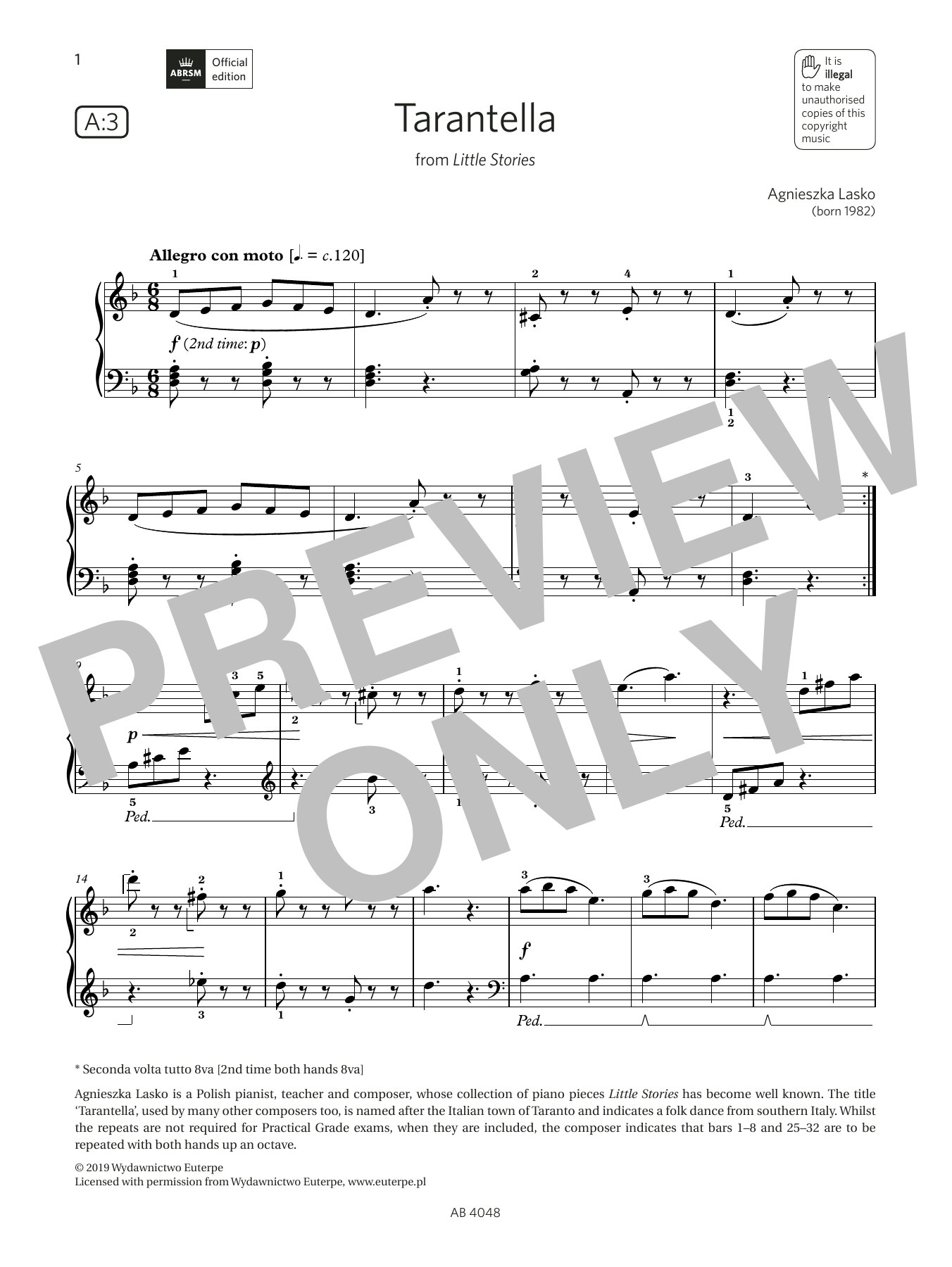 Agnieszka Lasko Tarantella (Grade 2, list A3, from the ABRSM Piano Syllabus 2023 & 2024) sheet music notes and chords. Download Printable PDF.