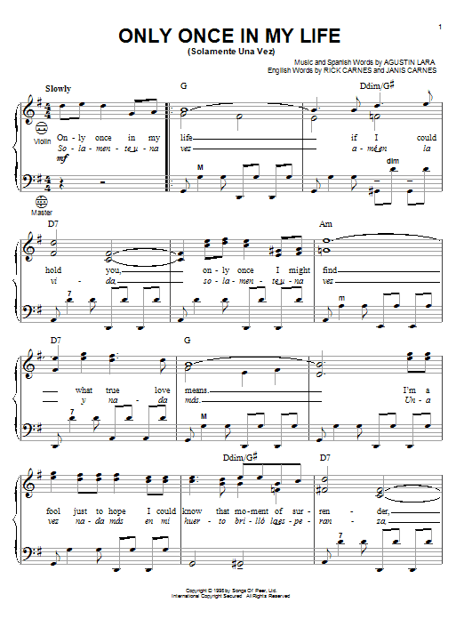 Agustin Lara Only Once In My Life (Solamente Una Vez) sheet music notes and chords. Download Printable PDF.