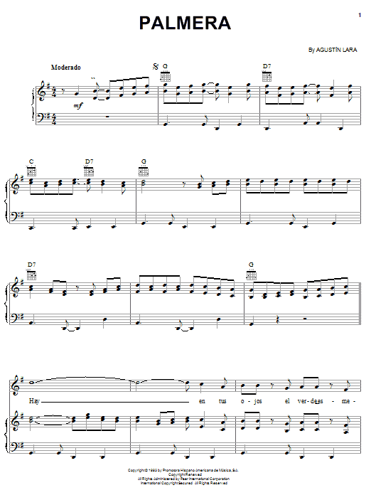 Agustin Lara Palmera sheet music notes and chords arranged for Piano, Vocal & Guitar Chords (Right-Hand Melody)