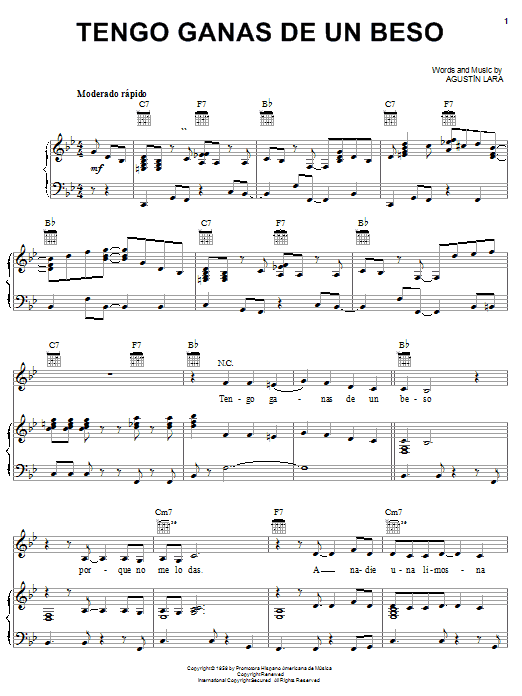 Agustin Lara Tengo Ganas De Un Beso sheet music notes and chords arranged for Piano, Vocal & Guitar Chords (Right-Hand Melody)