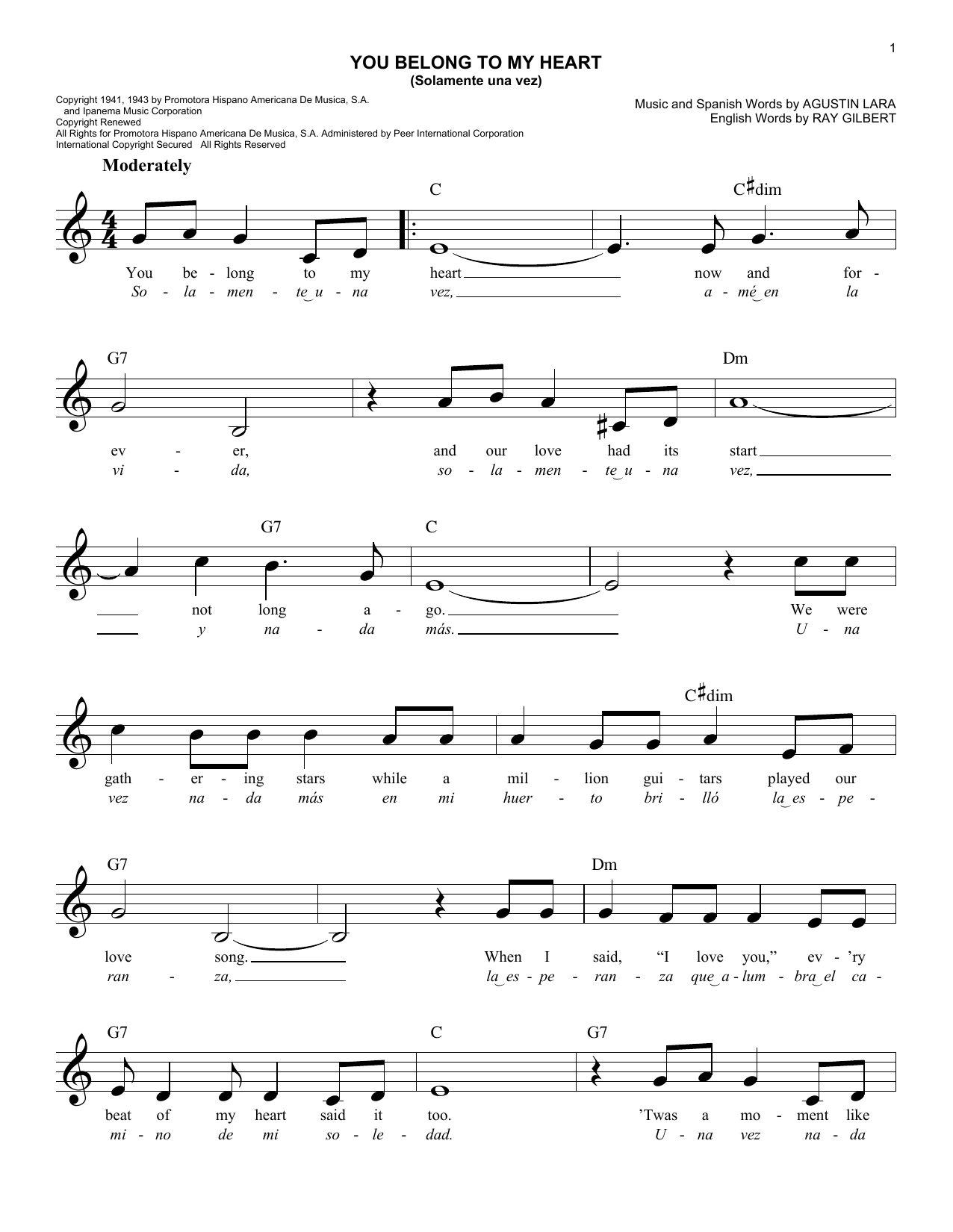 Agustin Lara You Belong To My Heart (Solamente Una Vez) sheet music notes and chords. Download Printable PDF.