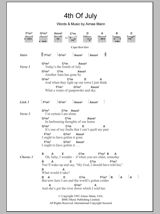 Learn to play Aimee Mann 4th Of July sheet music for Guitar Chords/Lyrics in minutes. Price: 4.4900$ Aimee Mann 4th Of July sheet music notes and chords arranged for Guitar Chords/Lyrics