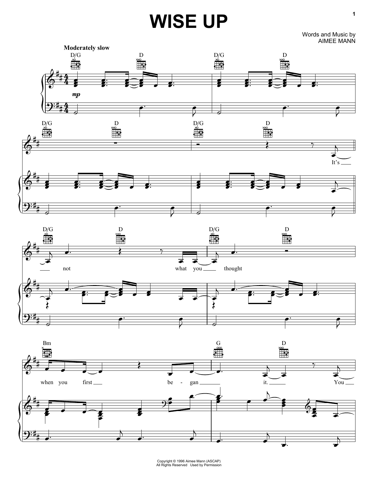 Aimee Mann Wise Up (from Magnolia) sheet music notes and chords arranged for Piano, Vocal & Guitar Chords (Right-Hand Melody)