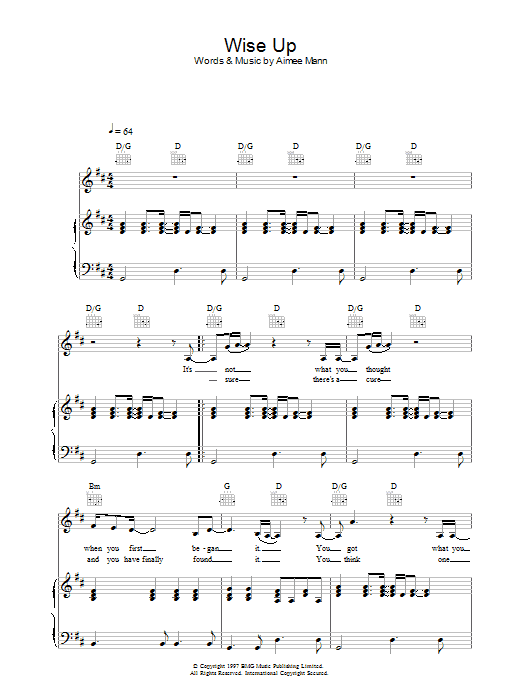 Aimee Mann Wise Up (from Magnolia) sheet music notes and chords arranged for Piano, Vocal & Guitar Chords