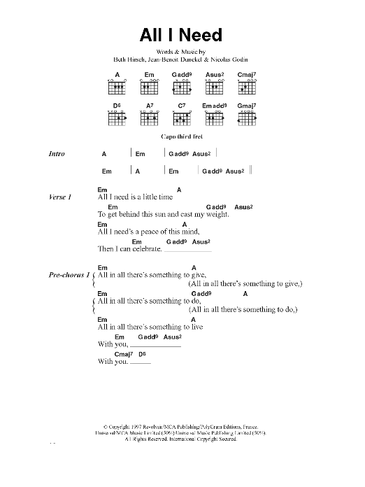 Air All I Need sheet music notes and chords arranged for Piano, Vocal & Guitar Chords