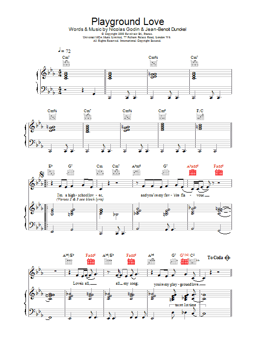 Air Playground Love (from The Virgin Suicides) sheet music notes and chords arranged for Piano, Vocal & Guitar Chords