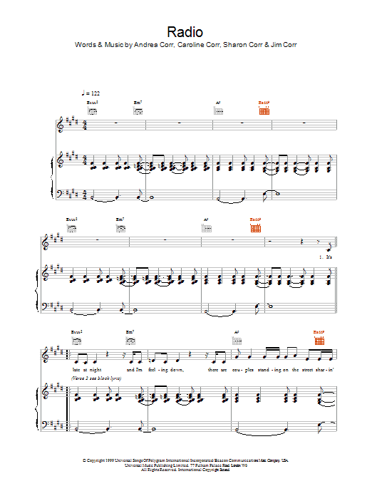 The Corrs Radio sheet music notes and chords arranged for Piano, Vocal & Guitar Chords