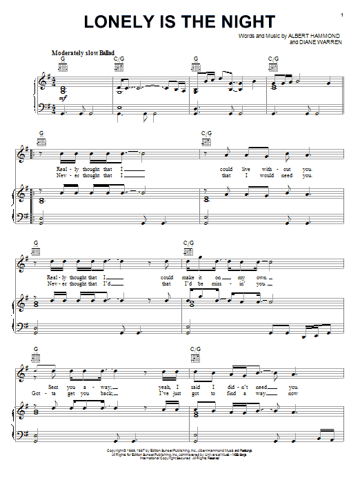 Air Supply Lonely Is The Night sheet music notes and chords arranged for Piano, Vocal & Guitar Chords (Right-Hand Melody)