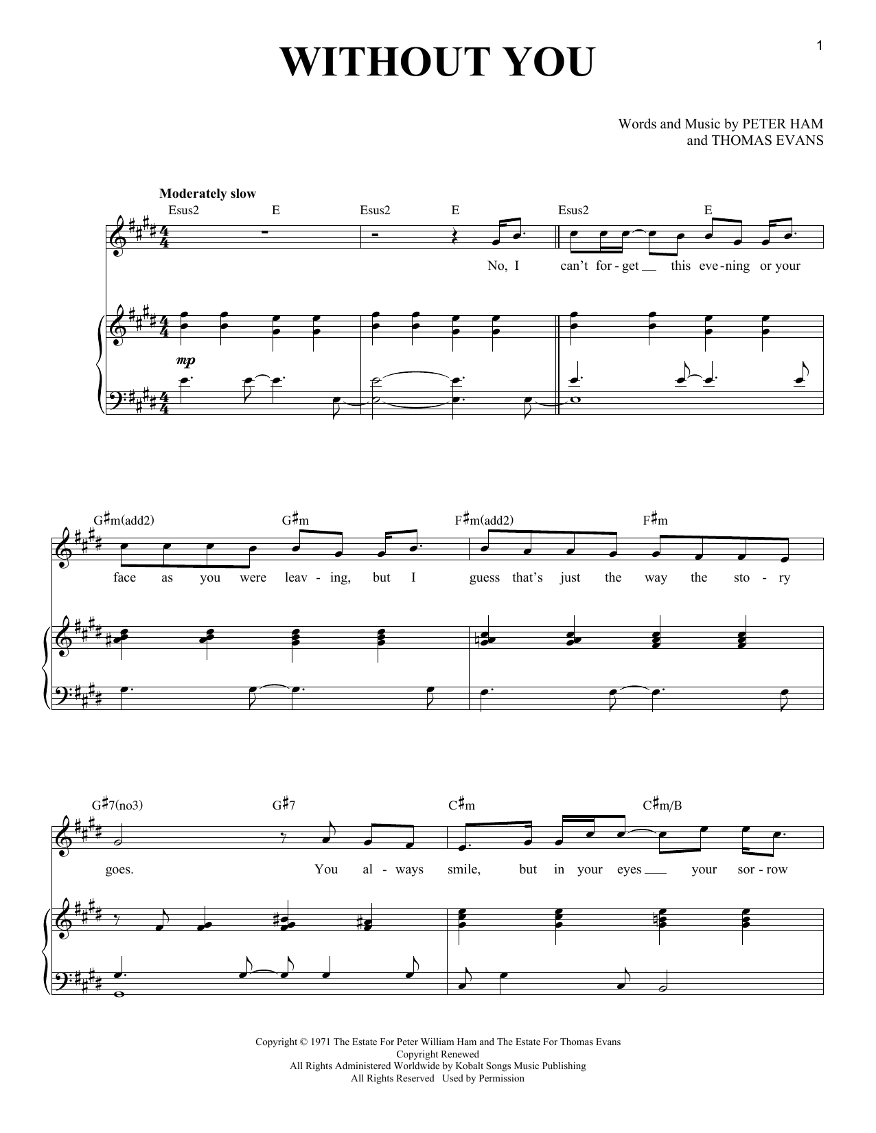 Air Supply Without You sheet music notes and chords arranged for Piano & Vocal