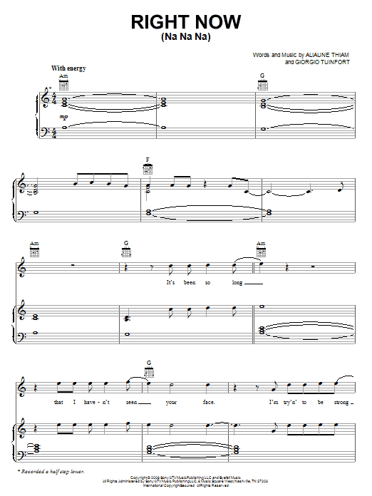 Akon Right Now (Na Na Na) sheet music notes and chords arranged for Piano, Vocal & Guitar Chords (Right-Hand Melody)