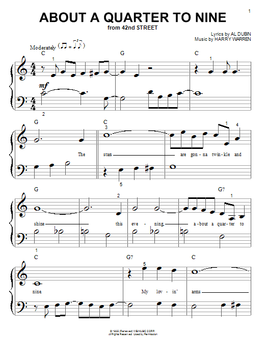 Learn to play Bobby Darin About A Quarter To Nine sheet music for Big Note Piano in minutes. Price: 6.9900$ Bobby Darin About A Quarter To Nine sheet music notes and chords arranged for Big Note Piano