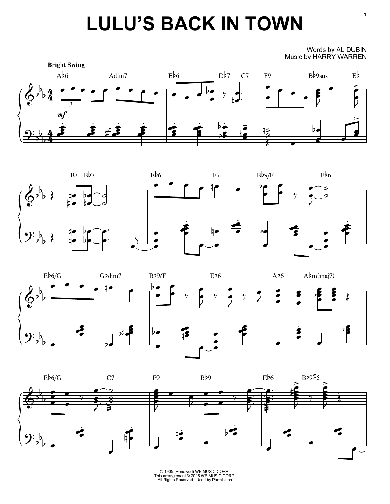 Al Dubin Lulu's Back In Town [Stride version] (arr. Brent Edstrom) sheet music notes and chords. Download Printable PDF.