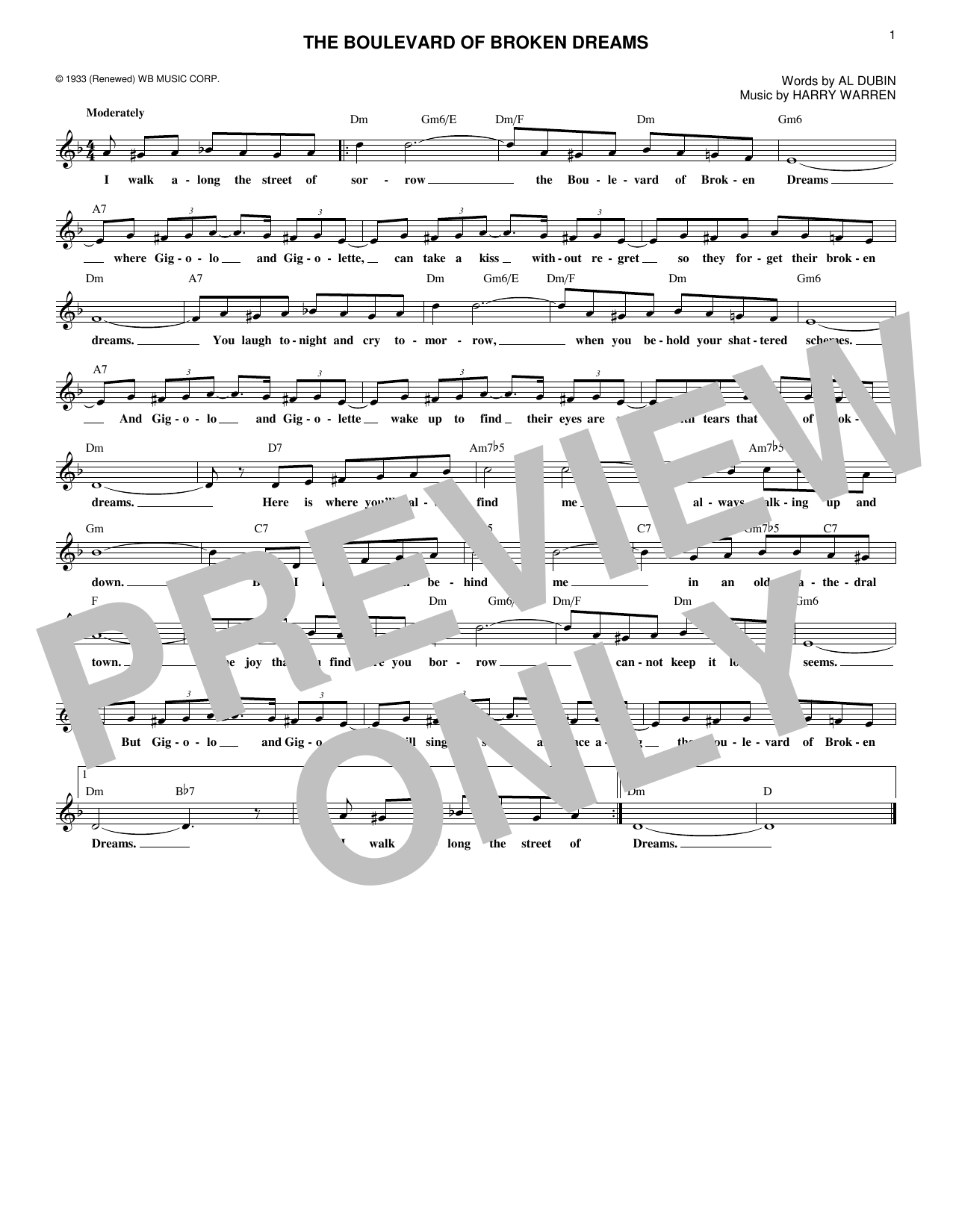 Al Dubin The Boulevard Of Broken Dreams sheet music notes and chords. Download Printable PDF.