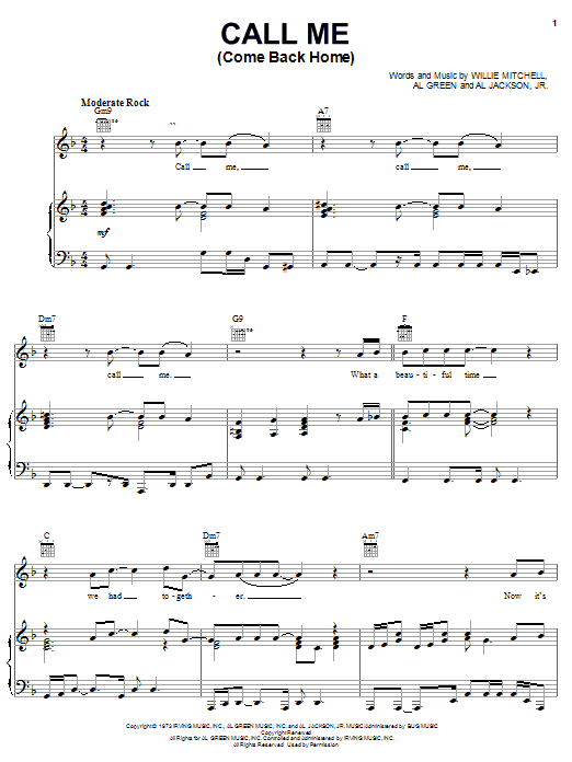 Al Green Call Me (Come Back Home) sheet music notes and chords arranged for Piano, Vocal & Guitar Chords (Right-Hand Melody)