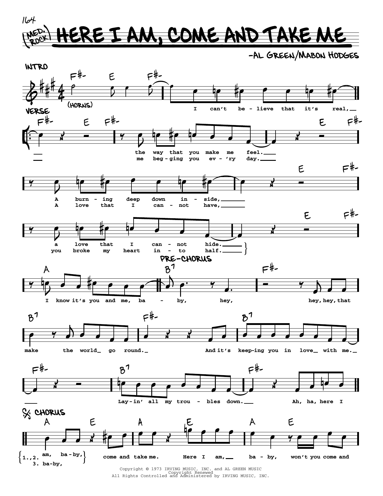 Al Green Here I Am, Come And Take Me sheet music notes and chords arranged for Real Book – Melody & Chords