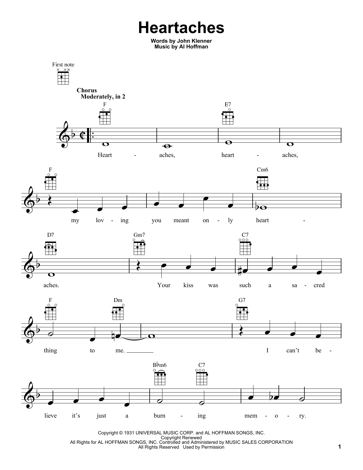 Learn to play Al Hoffman Heartaches sheet music for Ukulele in minutes. Price: 5.9900$ Al Hoffman Heartaches sheet music notes and chords arranged for Ukulele