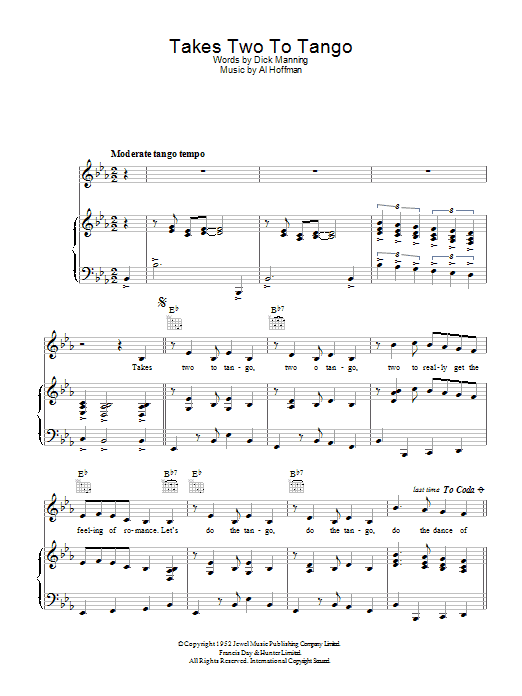 Learn to play Al Hoffman Takes Two To Tango sheet music for Piano, Vocal & Guitar Chords in minutes. Price: 7.8900$ Al Hoffman Takes Two To Tango sheet music notes and chords arranged for Piano, Vocal & Guitar Chords