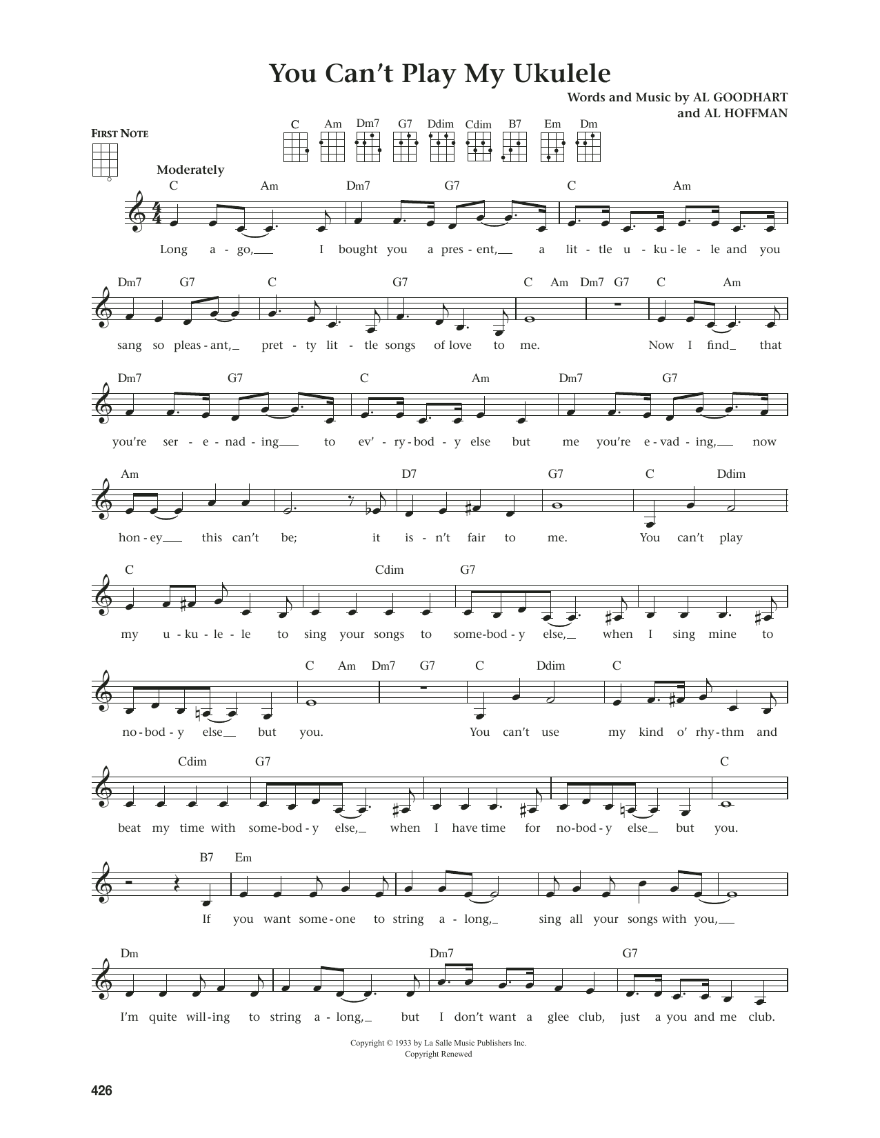 Al Hoffman You Can't Play My Ukulele (from The Daily Ukulele) (arr. Jim Beloff) sheet music notes and chords. Download Printable PDF.