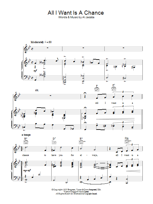 Learn to play Al Jacobs All I Want Is A Chance sheet music for Piano, Vocal & Guitar Chords in minutes. Price: 7.8900$ Al Jacobs All I Want Is A Chance sheet music notes and chords arranged for Piano, Vocal & Guitar Chords