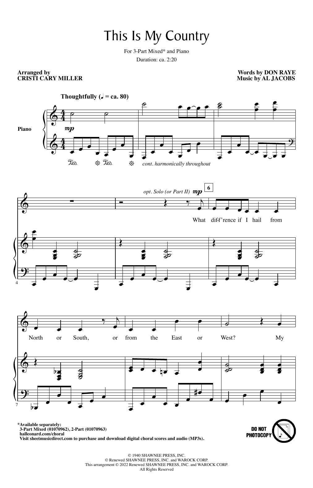 Learn to play Al Jacobs This Is My Country (arr. Cristi Cary Miller) sheet music for 3-Part Mixed Choir in minutes. Price: 3.9900$ Al Jacobs This Is My Country (arr. Cristi Cary Miller) sheet music notes and chords arranged for 3-Part Mixed Choir
