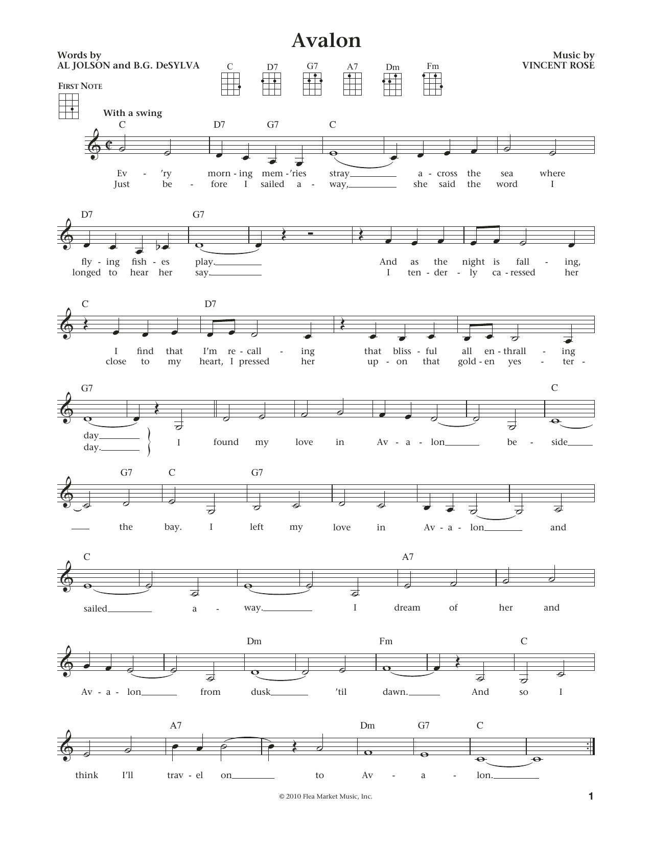 Learn to play Al Jolson Avalon (from The Daily Ukulele) (arr. Liz and Jim Beloff) sheet music for Ukulele in minutes. Price: 5.9900$ Al Jolson Avalon (from The Daily Ukulele) (arr. Liz and Jim Beloff) sheet music notes and chords arranged for Ukulele