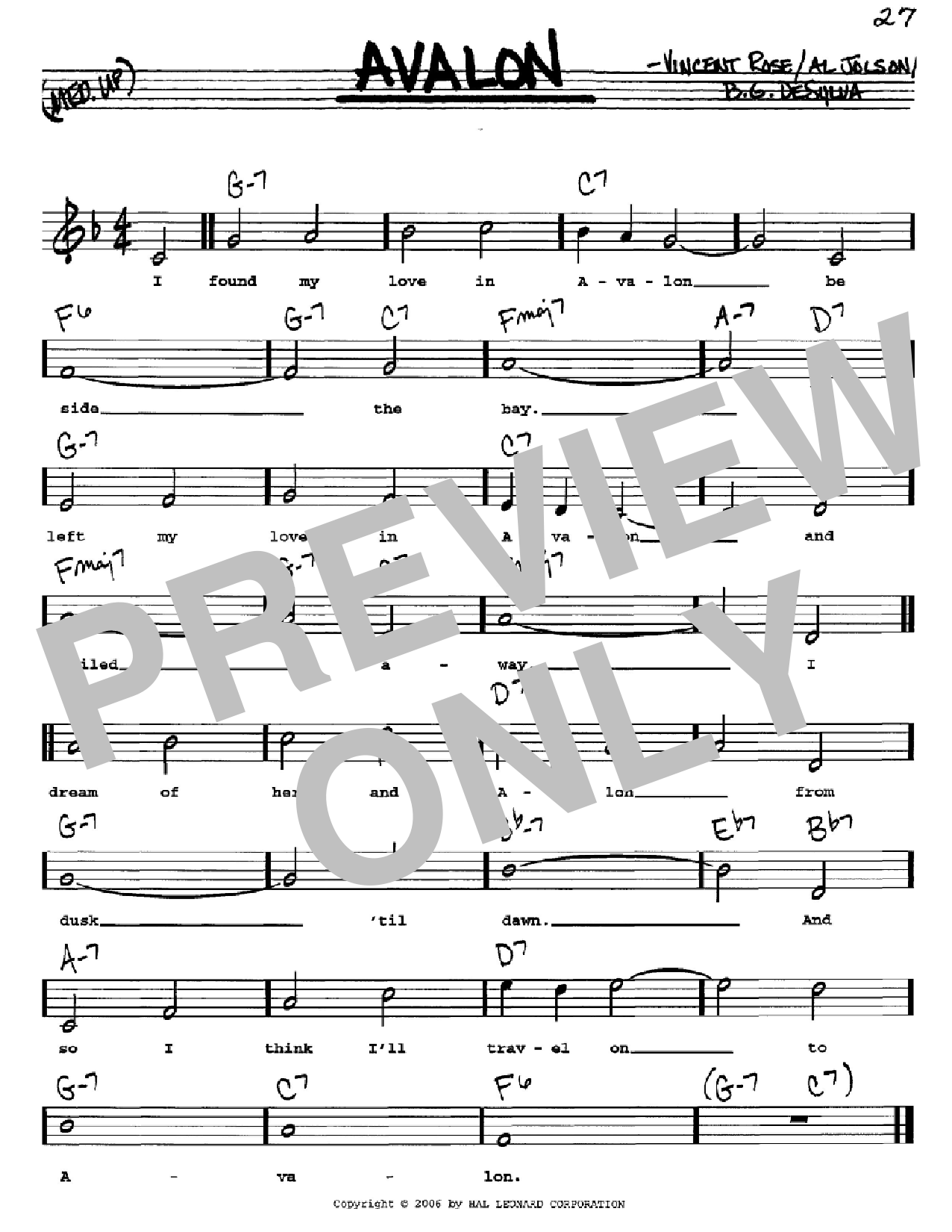 Al Jolson Avalon sheet music notes and chords. Download Printable PDF.