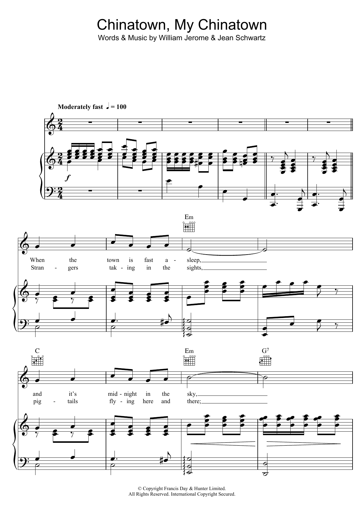 Learn to play Al Jolson Chinatown My Chinatown sheet music for Piano, Vocal & Guitar Chords in minutes. Price: 7.8900$ Al Jolson Chinatown My Chinatown sheet music notes and chords arranged for Piano, Vocal & Guitar Chords