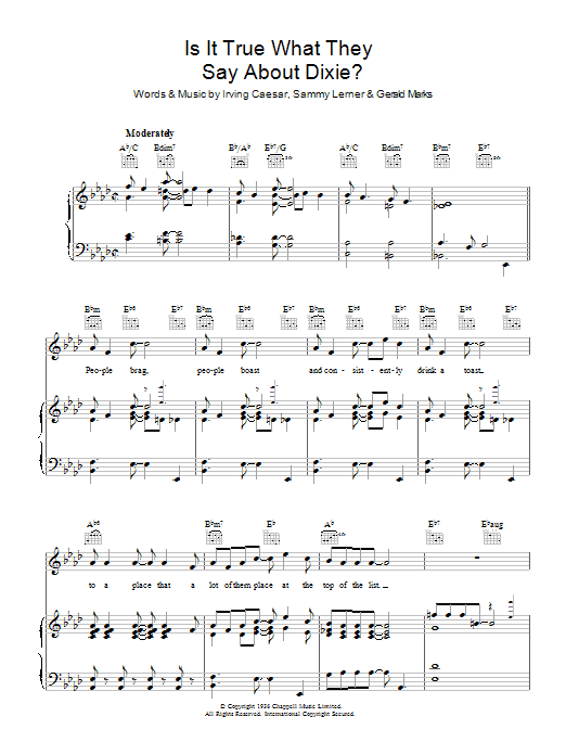 Learn to play Al Jolson Is It True What They Say About Dixie? sheet music for Piano, Vocal & Guitar Chords in minutes. Price: 7.8900$ Al Jolson Is It True What They Say About Dixie? sheet music notes and chords arranged for Piano, Vocal & Guitar Chords