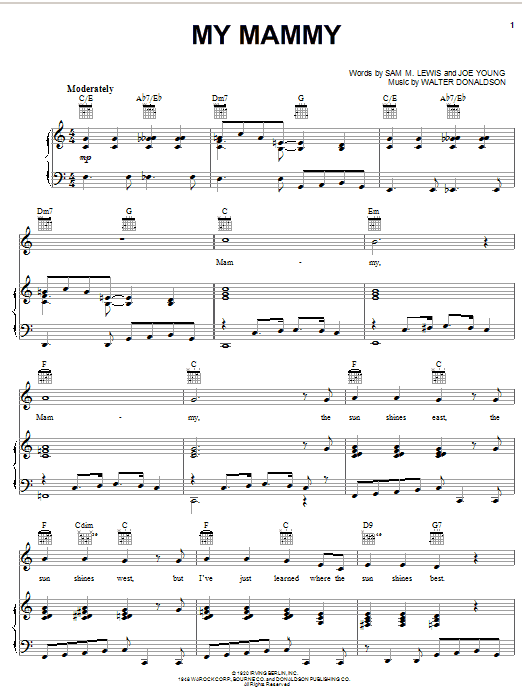 Learn to play Al Jolson My Mammy (from The Jazz Singer) sheet music for Piano, Vocal & Guitar Chords (Right-Hand Melody) in minutes. Price: 7.8900$ Al Jolson My Mammy (from The Jazz Singer) sheet music notes and chords arranged for Piano, Vocal & Guitar Chords (Right-Hand Melody)