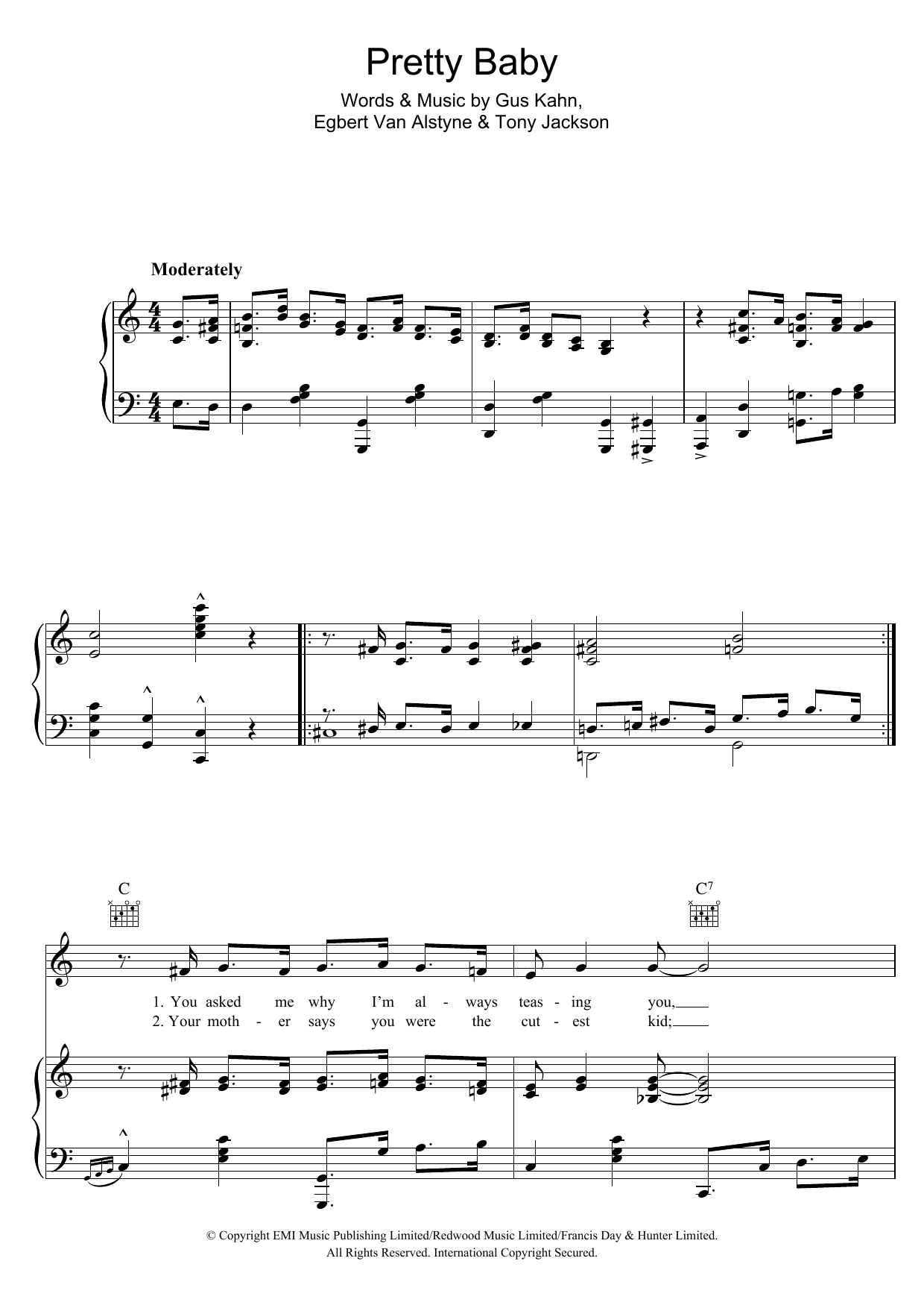 Learn to play Al Jolson Pretty Baby sheet music for Piano, Vocal & Guitar Chords in minutes. Price: 7.8900$ Al Jolson Pretty Baby sheet music notes and chords arranged for Piano, Vocal & Guitar Chords
