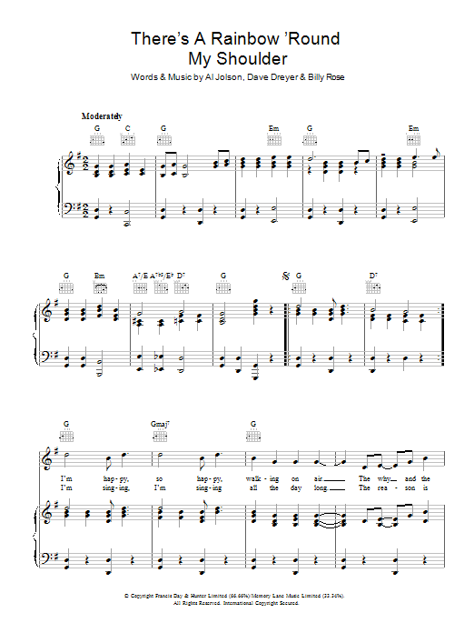 Learn to play Al Jolson There's A Rainbow Round My Shoulder sheet music for Piano, Vocal & Guitar Chords in minutes. Price: 7.8900$ Al Jolson There's A Rainbow Round My Shoulder sheet music notes and chords arranged for Piano, Vocal & Guitar Chords