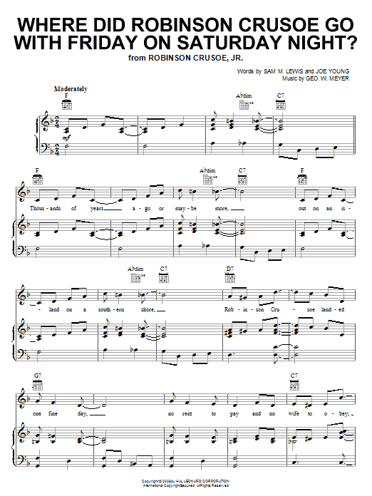 Al Jolson Where Did Robinson Crusoe Go With Friday On Saturday Night? sheet music notes and chords arranged for Piano, Vocal & Guitar Chords (Right-Hand Melody)