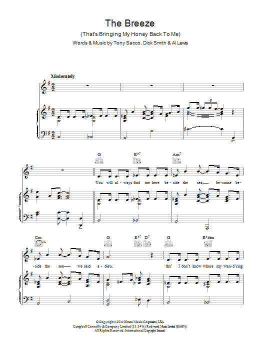 Learn to play Al Lewis The Breeze (That's Bringing My Honey Back To Me) sheet music for Piano, Vocal & Guitar Chords in minutes. Price: 7.8900$ Al Lewis The Breeze (That's Bringing My Honey Back To Me) sheet music notes and chords arranged for Piano, Vocal & Guitar Chords