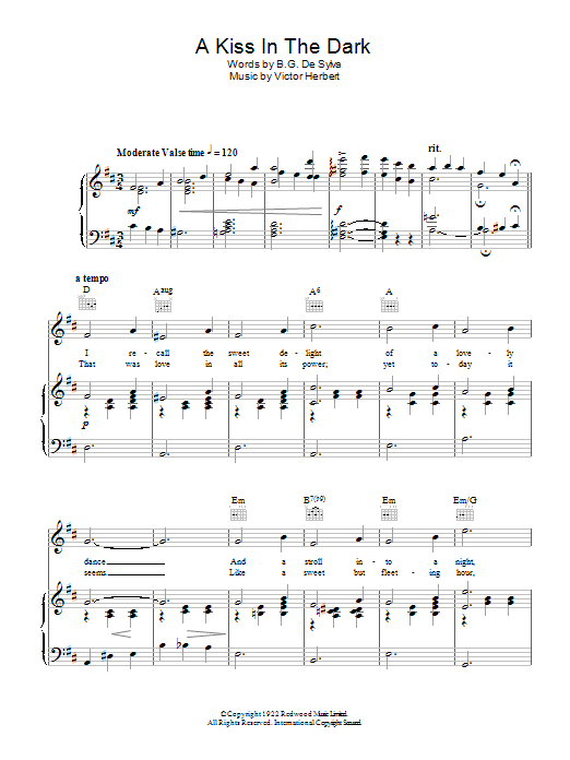 Learn to play Al Martino A Kiss In The Dark sheet music for Piano, Vocal & Guitar Chords in minutes. Price: 7.8900$ Al Martino A Kiss In The Dark sheet music notes and chords arranged for Piano, Vocal & Guitar Chords