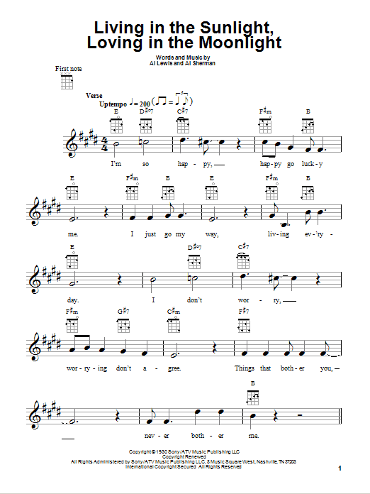 Learn to play Al Sherman Living In The Sunlight, Loving In The Moonlight sheet music for Ukulele in minutes. Price: 5.9900$ Al Sherman Living In The Sunlight, Loving In The Moonlight sheet music notes and chords arranged for Ukulele