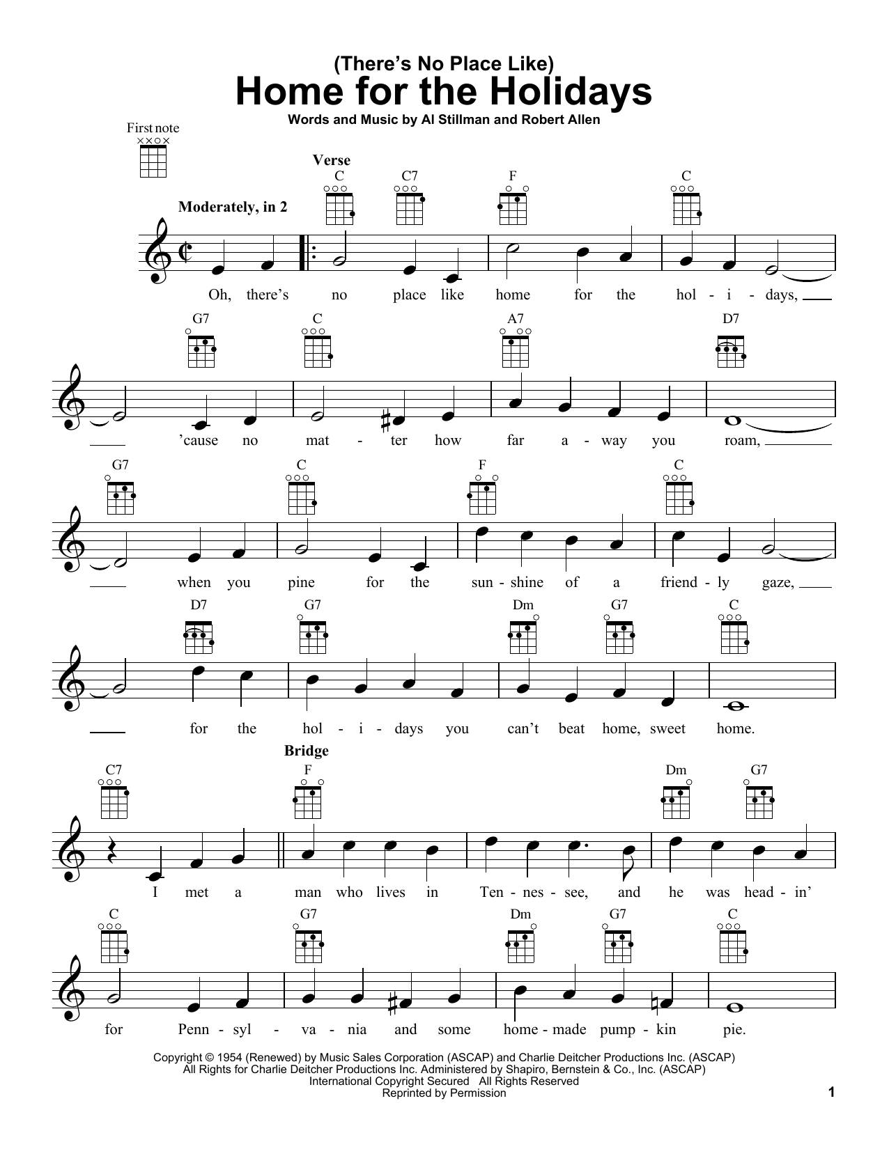Learn to play Al Stillman (There's No Place Like) Home For The Holidays sheet music for Ukulele in minutes. Price: 5.9900$ Al Stillman (There's No Place Like) Home For The Holidays sheet music notes and chords arranged for Ukulele