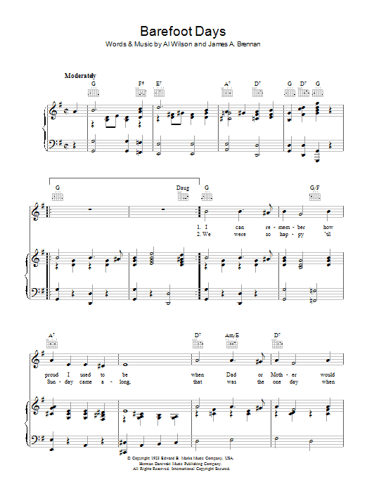 Al Wilson Barefoot Days sheet music notes and chords arranged for Piano, Vocal & Guitar Chords