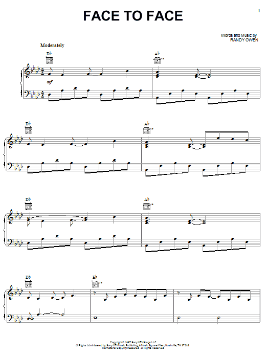 Alabama Face To Face sheet music notes and chords arranged for Piano, Vocal & Guitar Chords (Right-Hand Melody)