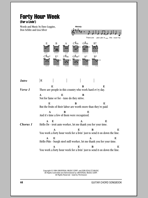 Alabama Forty Hour Week (For A Livin') sheet music notes and chords arranged for Piano, Vocal & Guitar Chords (Right-Hand Melody)