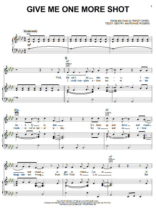 Alabama Give Me One More Shot sheet music notes and chords arranged for Piano, Vocal & Guitar Chords (Right-Hand Melody)