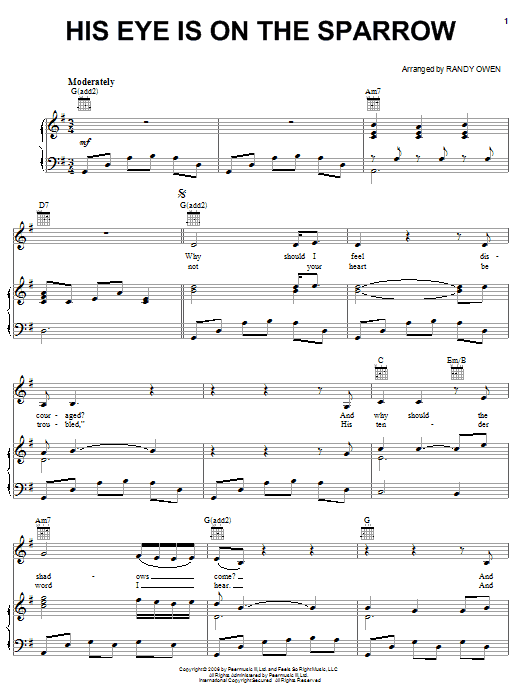 Learn to play Alabama His Eye Is On The Sparrow sheet music for Piano, Vocal & Guitar Chords (Right-Hand Melody) in minutes. Price: 7.8900$ Alabama His Eye Is On The Sparrow sheet music notes and chords arranged for Piano, Vocal & Guitar Chords (Right-Hand Melody)