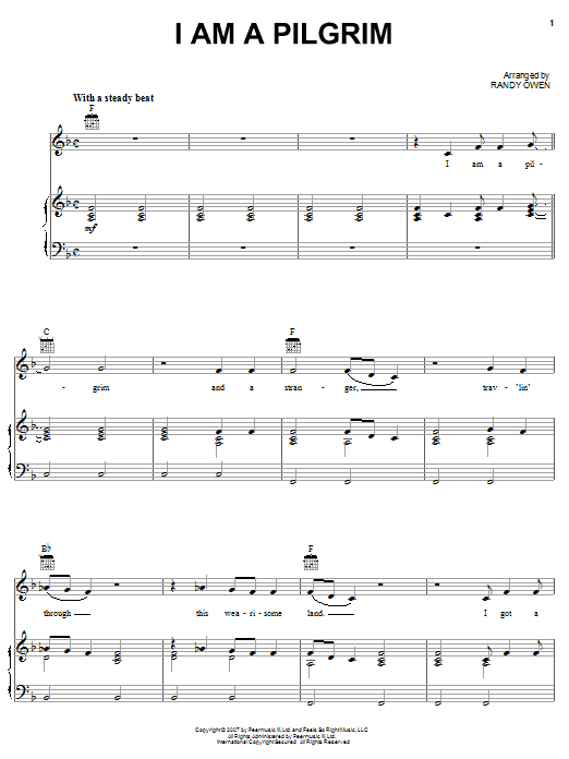 Alabama I Am A Pilgrim sheet music notes and chords arranged for Piano, Vocal & Guitar Chords (Right-Hand Melody)