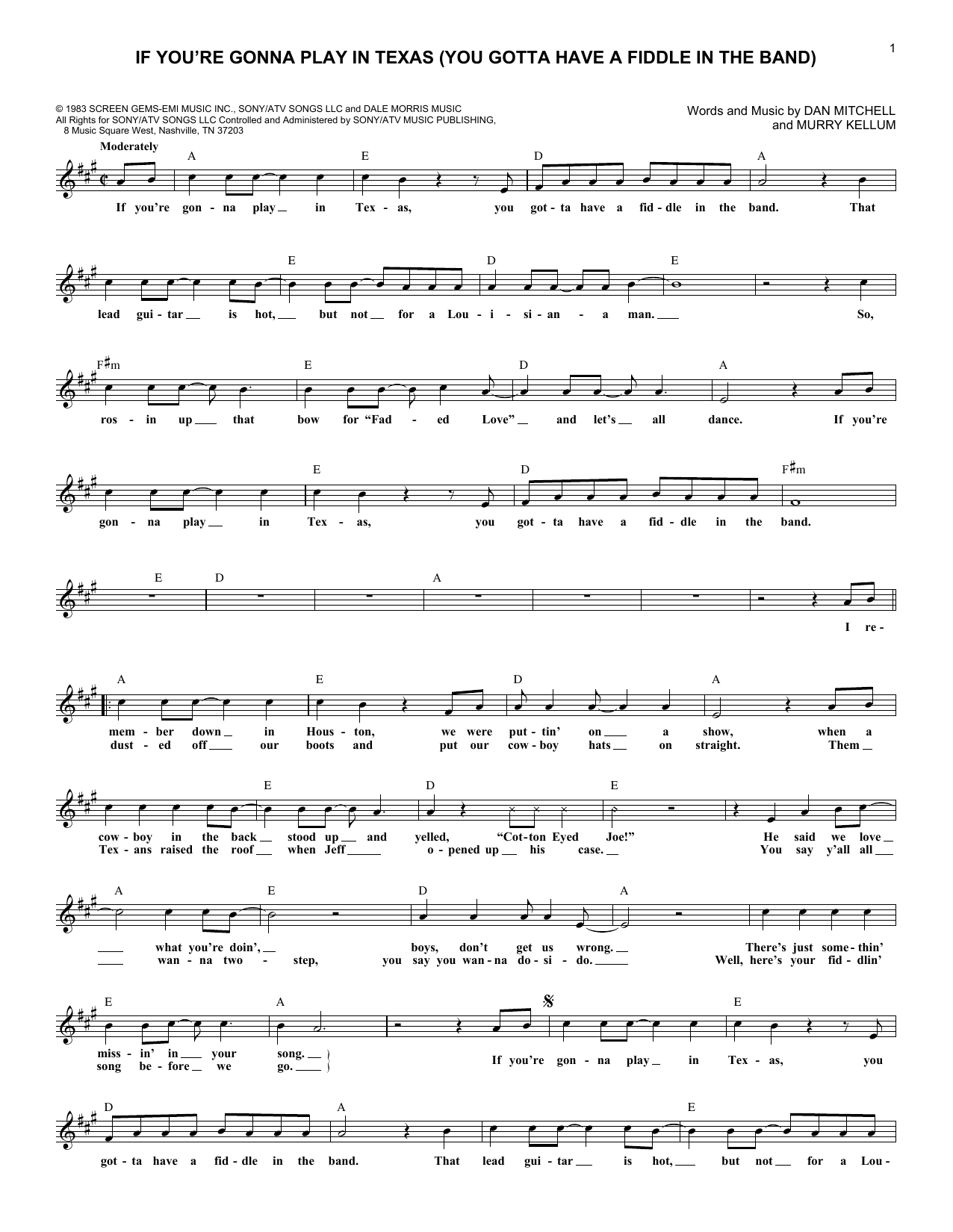 Alabama If You're Gonna Play In Texas (You Gotta Have A Fiddle In The Band) sheet music notes and chords. Download Printable PDF.